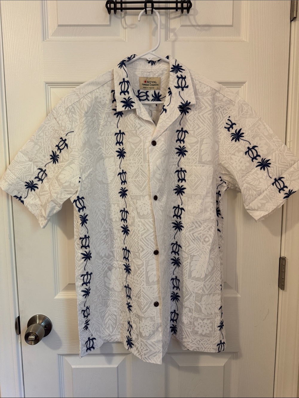 White Short-Sleeve Hawaiian Shirt with Navy Palm Print
